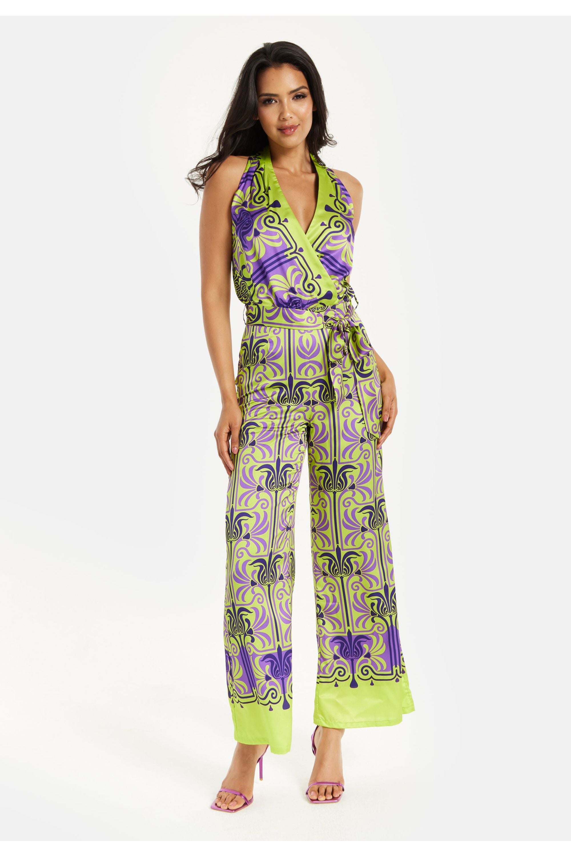 Printed Shawl Tie Neck Palazzo Jumpsuit ELF01100