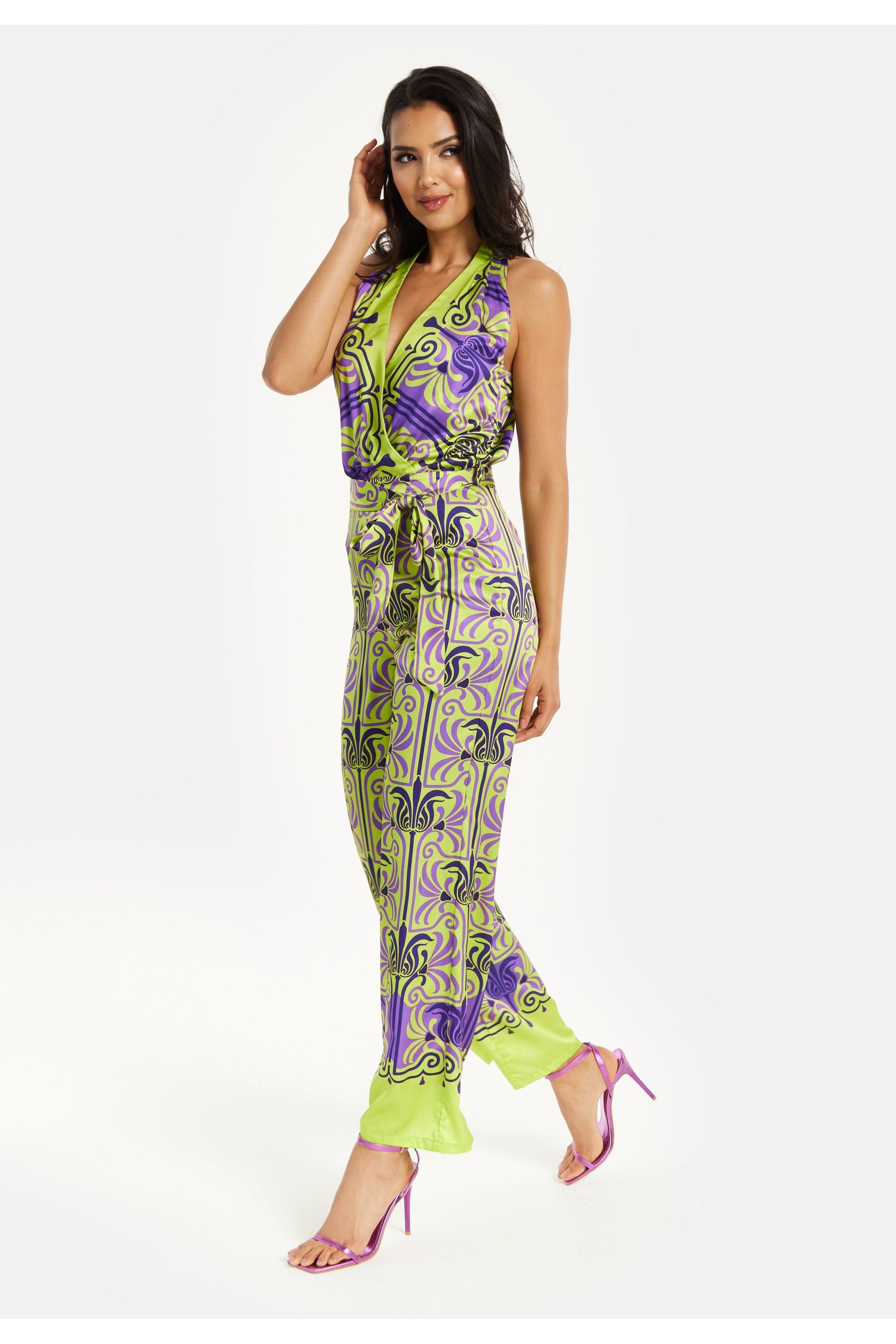 Printed Shawl Tie Neck Palazzo Jumpsuit ELF01100