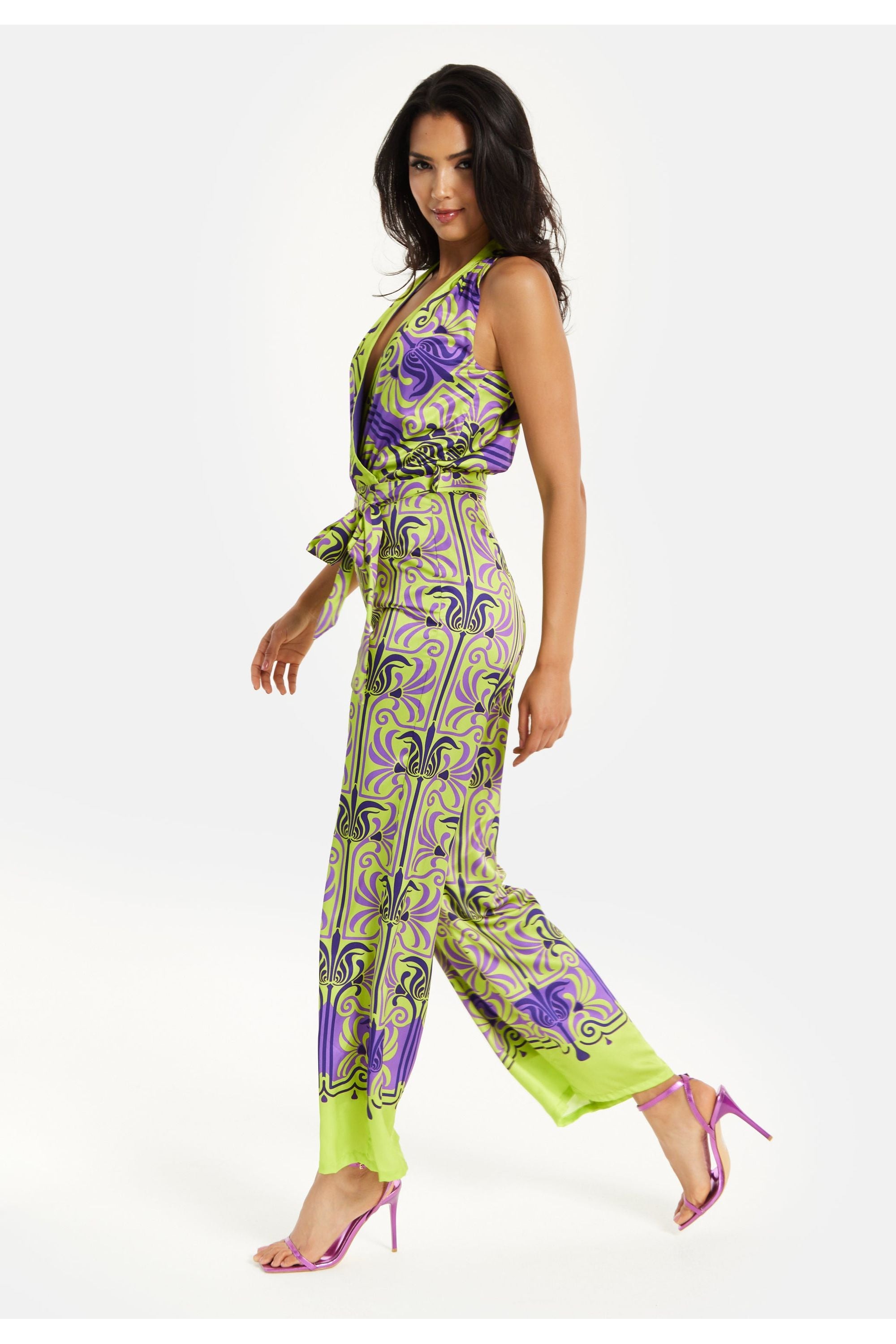 Printed Shawl Tie Neck Palazzo Jumpsuit ELF01100