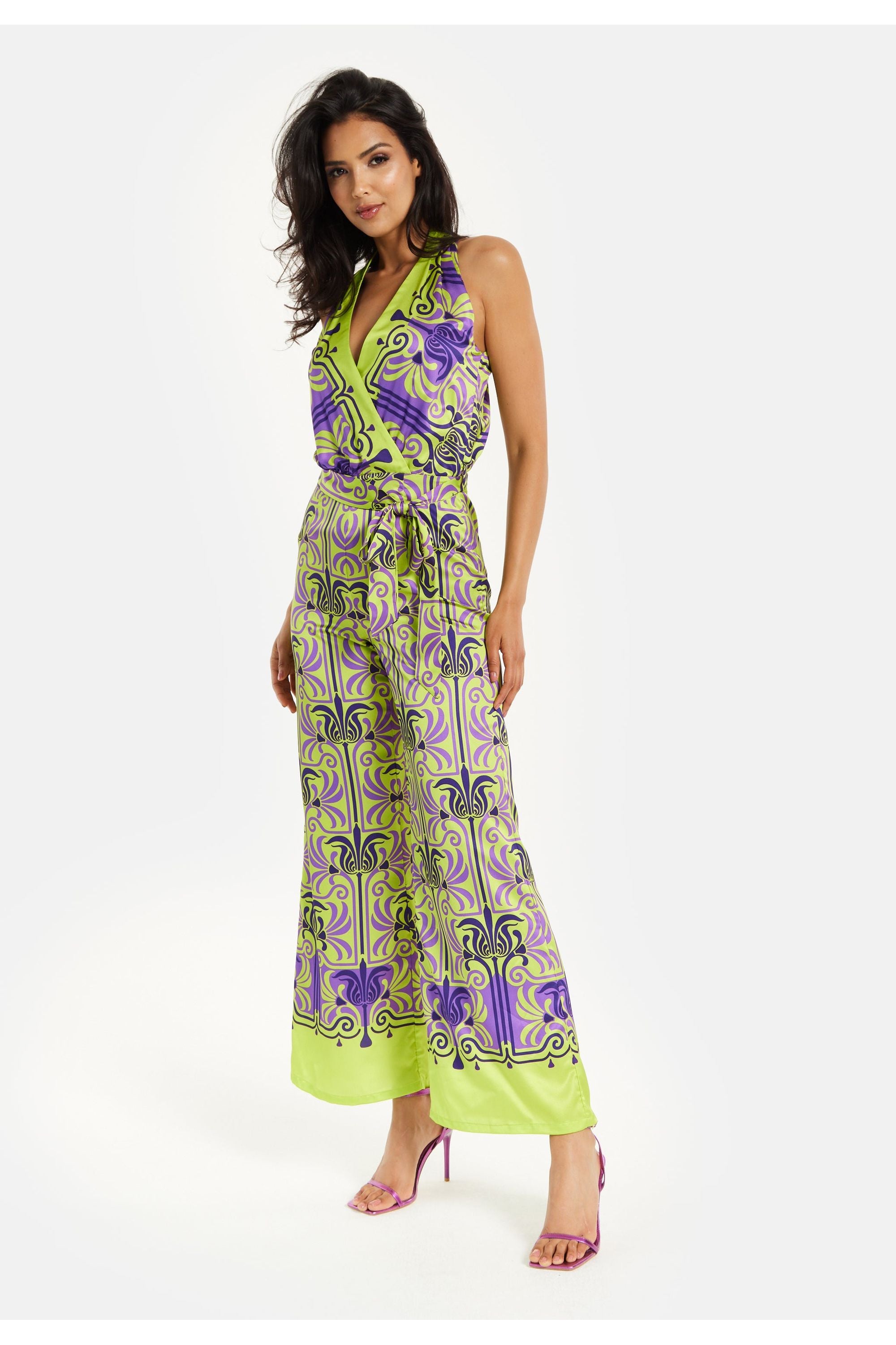 Liquorish Printed Shawl Tie Neck Palazzo Jumpsuit