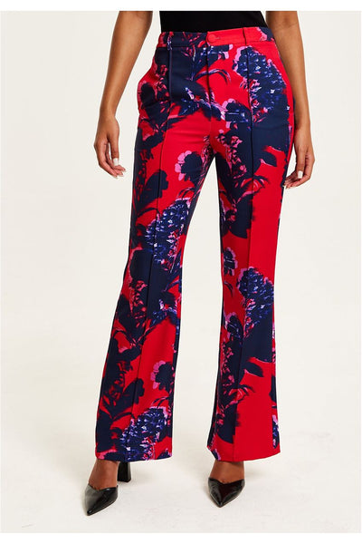 Red - Floral Print Tailored Red Trousers by Liquorish