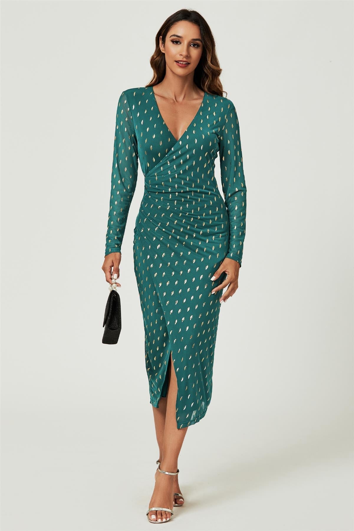 Foil Mesh Long Sleeve Midi Dress In Green FS740-GreenFoil