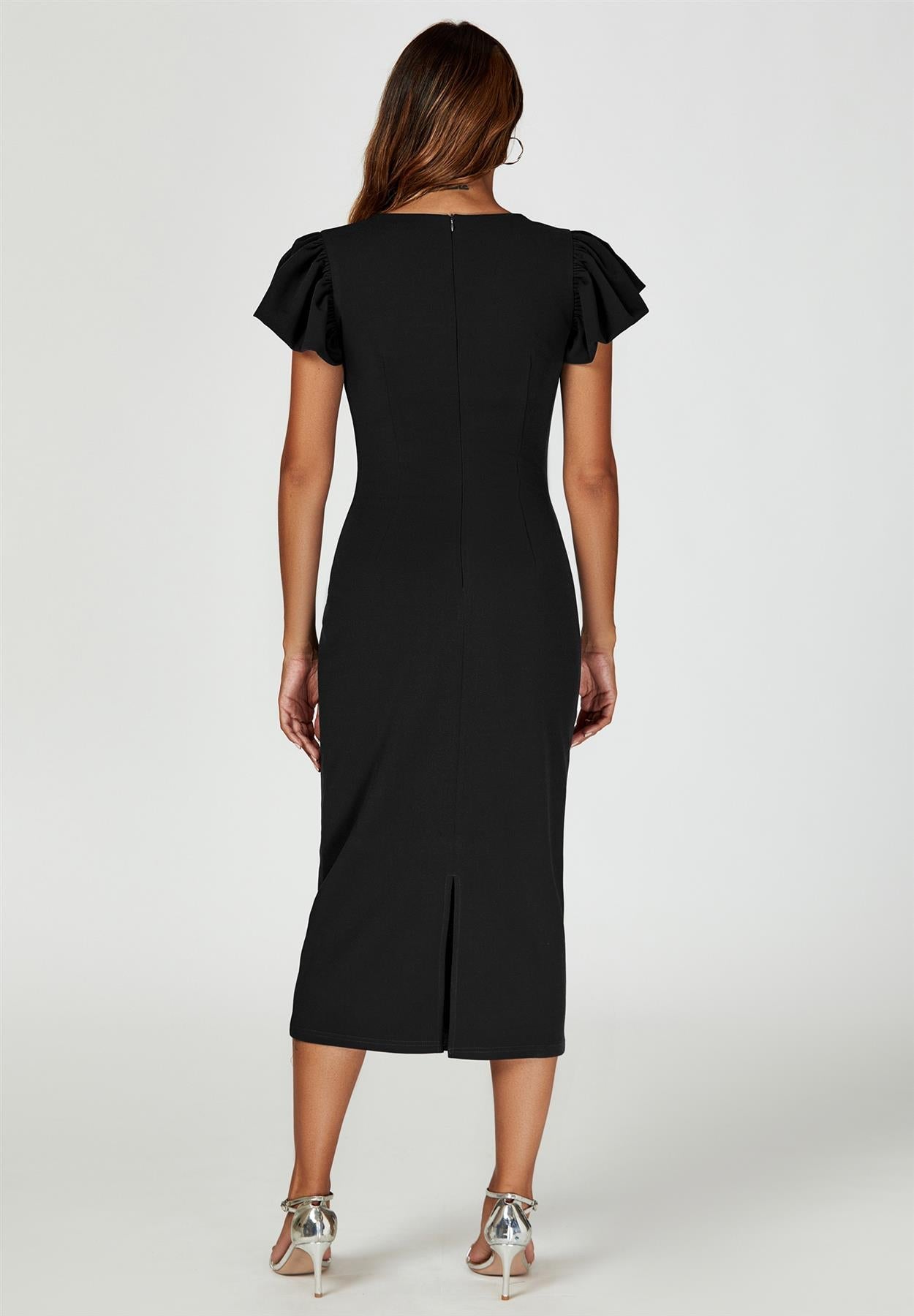 Volume Sleeve Bodycon Midi Dress In Black FS770-Black
