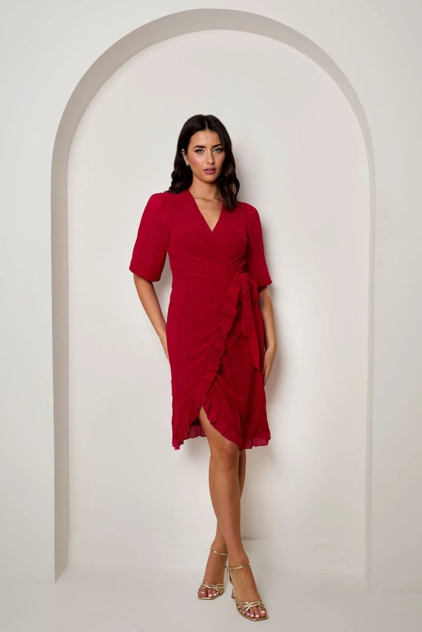 Puff Sleeve Dobby Ruffle Wrap Mini Dress In Red IK003RE