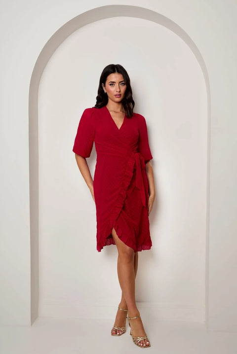 Puff Sleeve Dobby Ruffle Wrap Mini Dress In Red by Chi Chi London