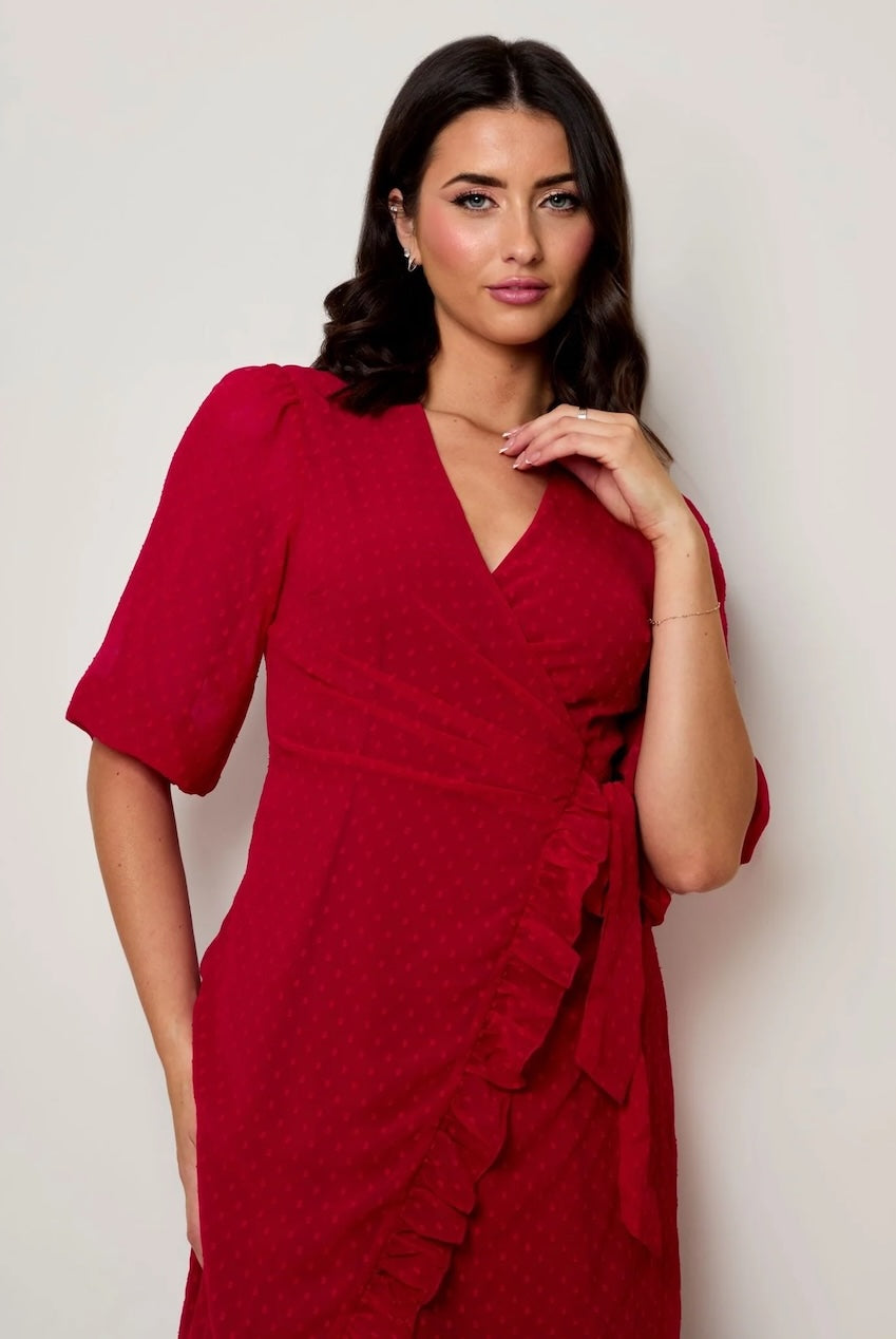 Puff Sleeve Dobby Ruffle Wrap Mini Dress In Red IK003RE