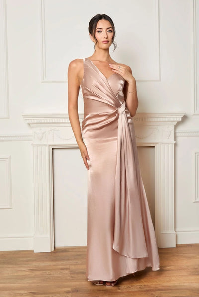 Champagne - One Shoulder Satin Finish Maxi Dress In Champagne by Chi Chi London