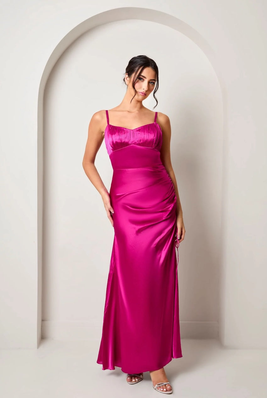 Ruched Bodice Satin Maxi Dress In Pink MYN442PI
