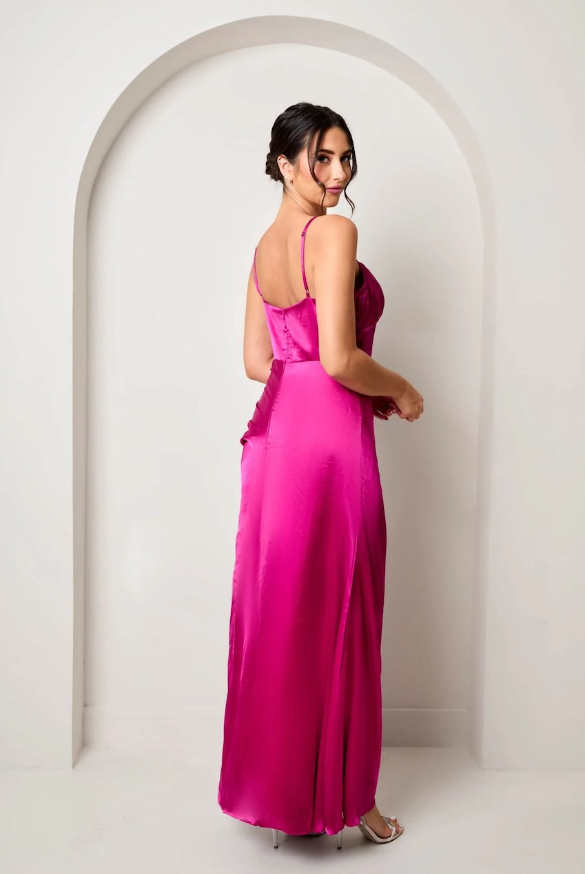 Ruched Bodice Satin Maxi Dress In Pink MYN442PI
