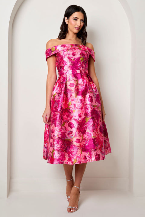 Bardot Twill Fit And Flare Dress In Pink by Chi Chi London