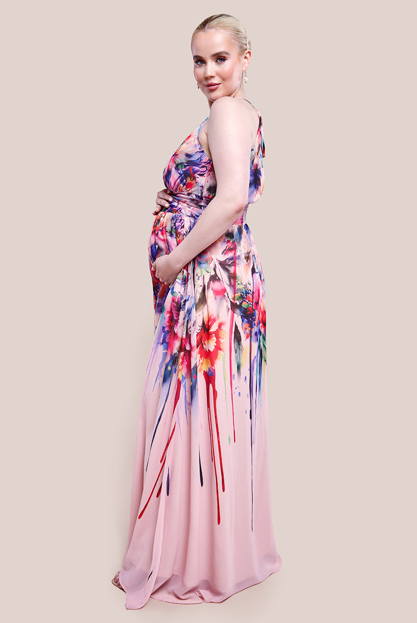 Maternity Floral Printed Chiffon Halter Maxi Dress - Blush Floral DR4299MAT