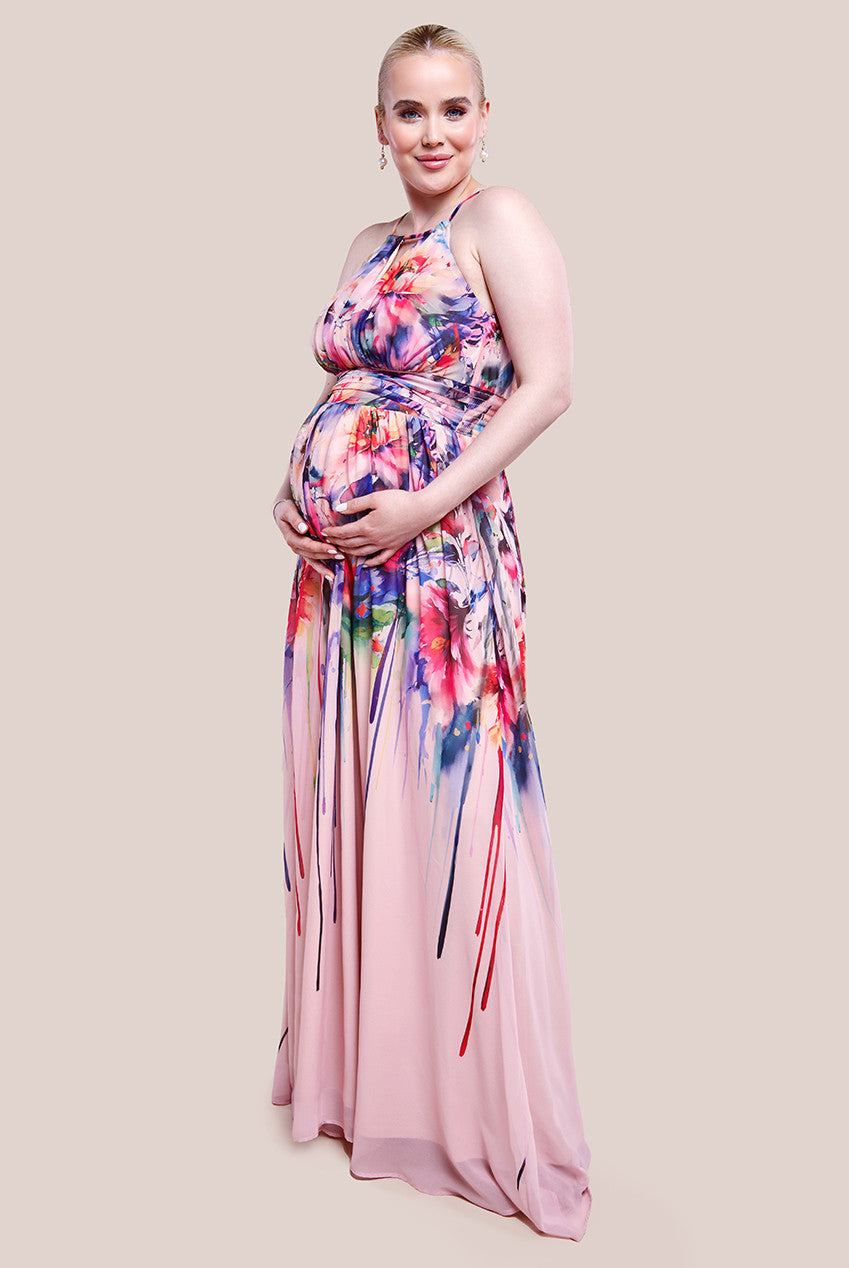 Maternity Floral Printed Chiffon Halter Maxi Dress - Blush Floral DR4299MAT