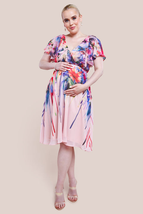 Maternity Flutter Sleeve Floral Bodice Midi Dress - Blush DR4330MAT