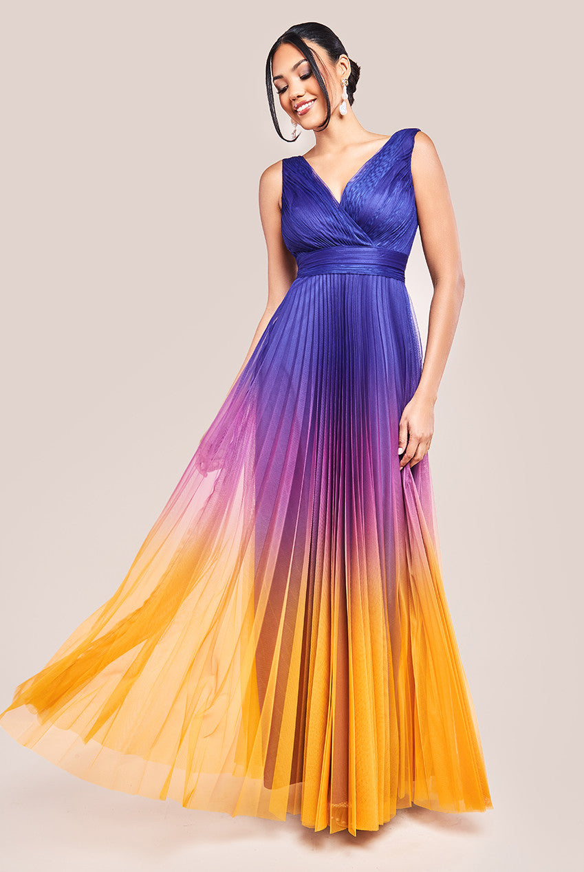 Sleeveless Ombre Pleated Maxi Dress - Navy Ombre DR4172