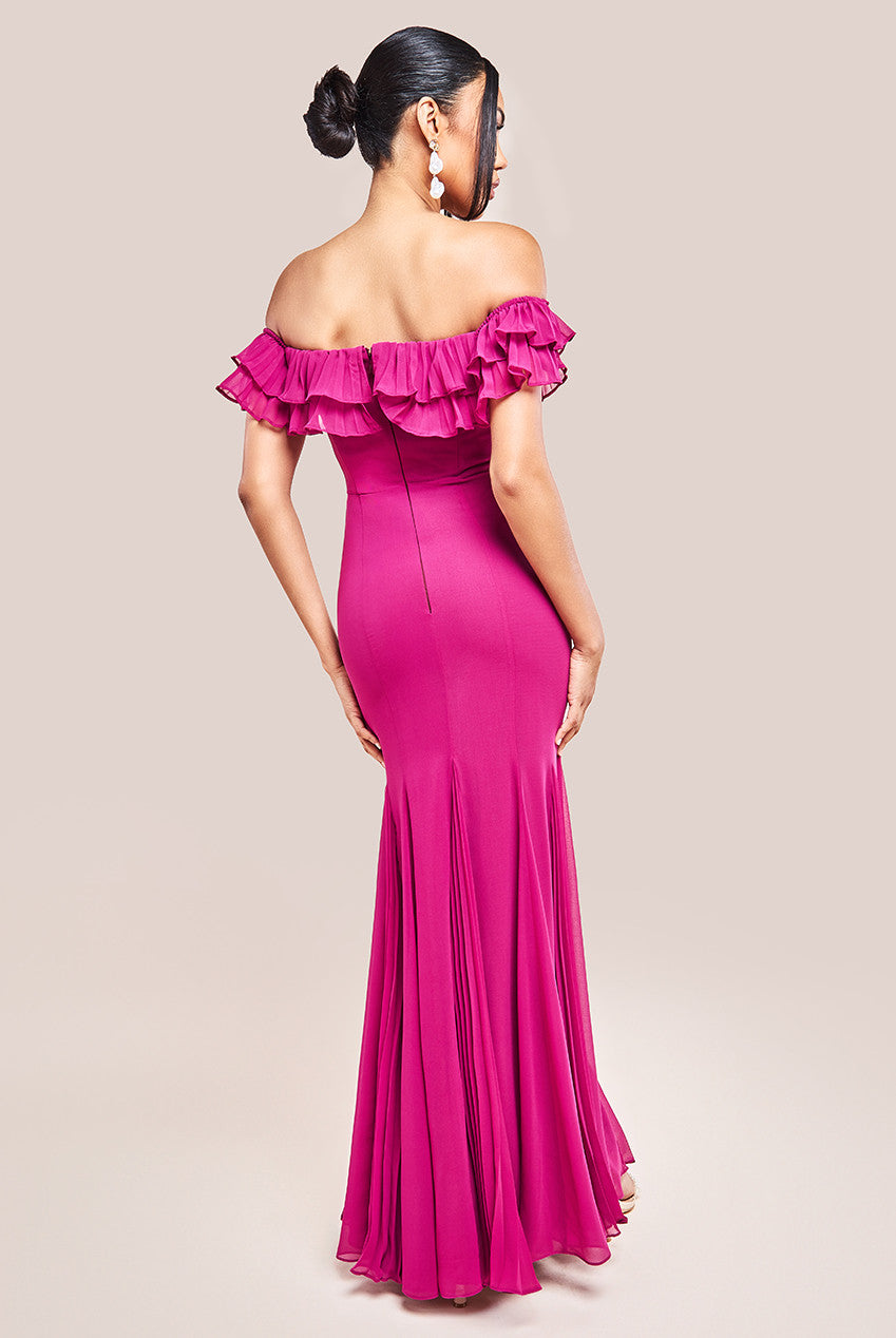 Frilled Off The Shoulder Pleated Chiffon Maxi Dress - Magenta DR4273