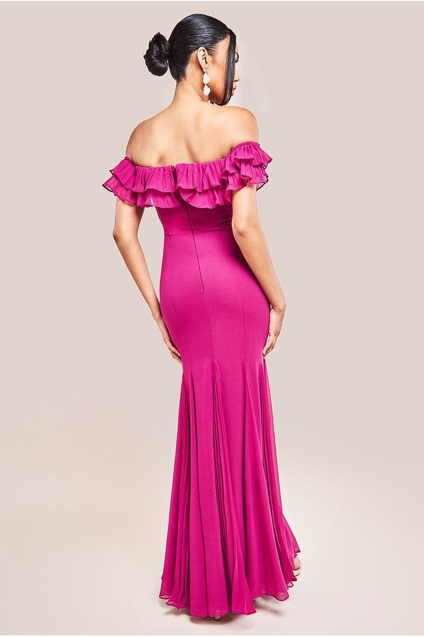 Wedding Dress With Two Piece Off The Shoulder Dress Frilled Off The Shoulder Pleated Chiffon Maxi Dress Magenta Wedding Dress With Two Piece Off The Shoulder Dress Frilled Off The Shoulder Pleated Chiffon Maxi Dress Magenta
