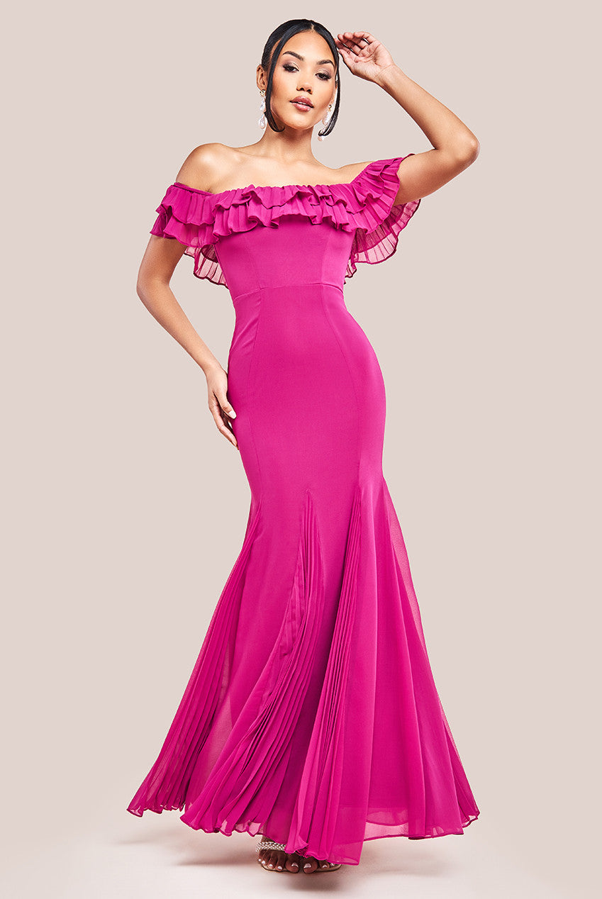 Frilled Off The Shoulder Pleated Chiffon Maxi Dress - Magenta DR4273