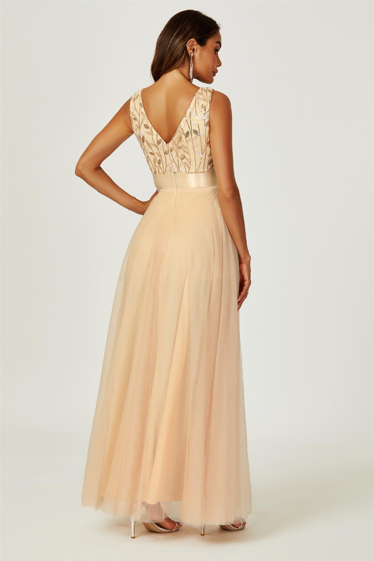 Sequin Top V Neck Bridesmaid Maxi Dress In Gold FS745