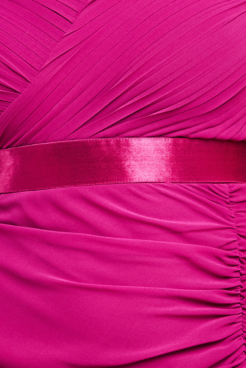 Pleated Bardot High Low Tier Chiffon Midaxi Dress - Magenta DR4272