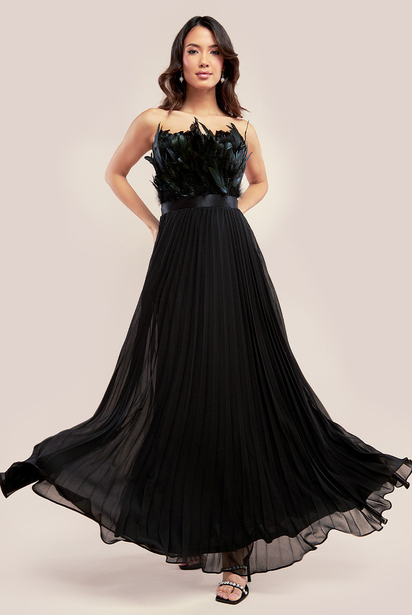 Feather Off The Shoulder Pleated Evening Maxi Dress - Black DR3233