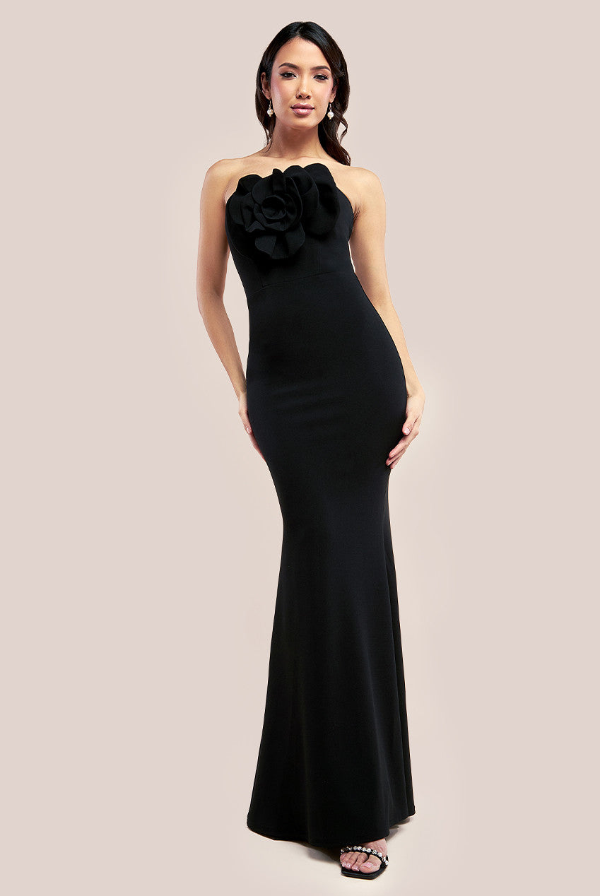 Scuba Crepe Bandeau Rose Maxi Dress - Black DR4243