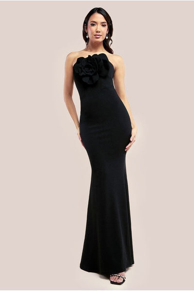 Black - Scuba Crepe Bandeau Rose Maxi Dress - Black by Goddiva