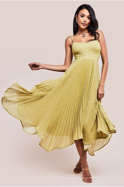 Gold - Tie Back Pleated Lurex Skater Midi Dress - Gold by Goddiva
