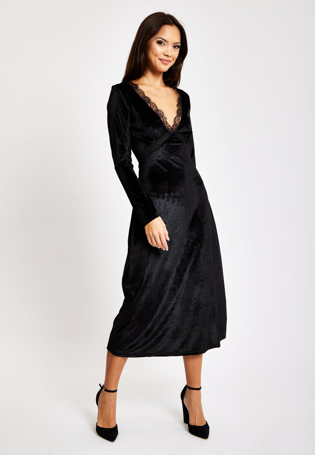 Black Velvet Midi Dress With Lace Details LIQ23AW078BL