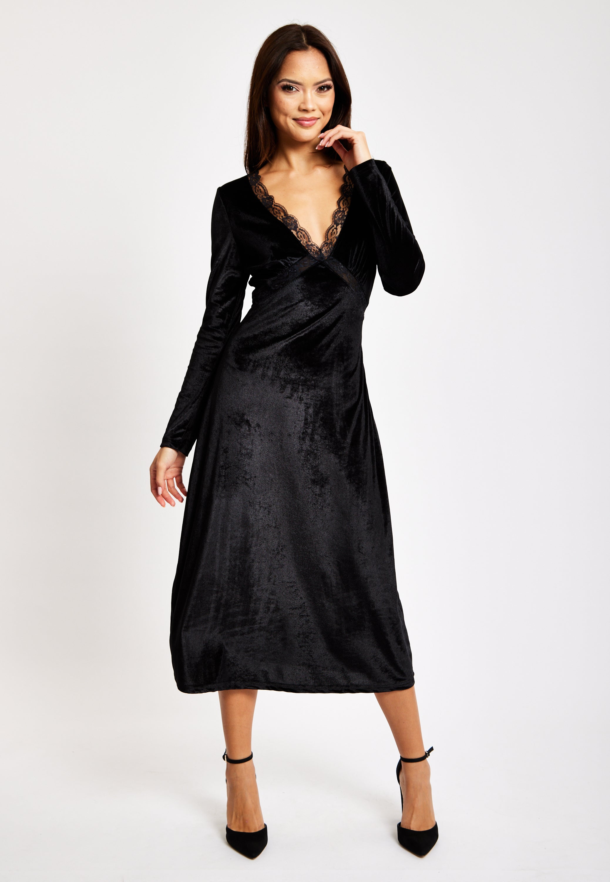 Black Velvet Midi Dress With Lace Details LIQ23AW078BL