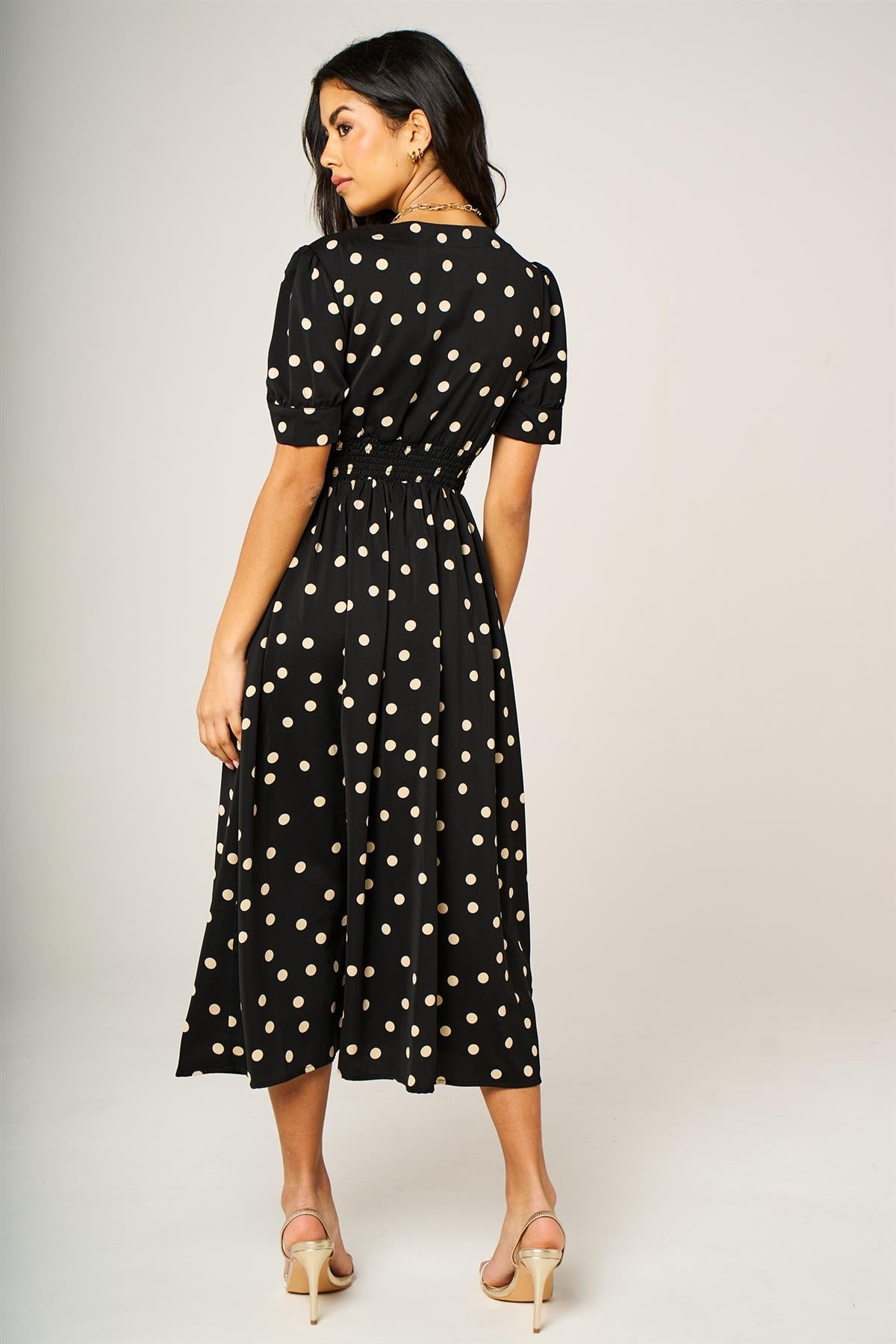 Dot Print Button Front Midi Dress In Black With Puff Sleeves FS931-BBD
