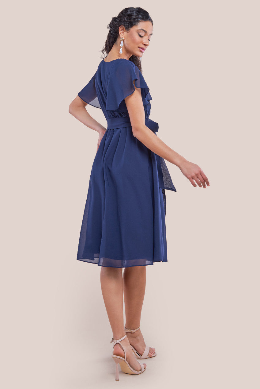 Sustainable Flutter Sleeve Chiffon Wrap Midi Dress - Navy DR2555BBS