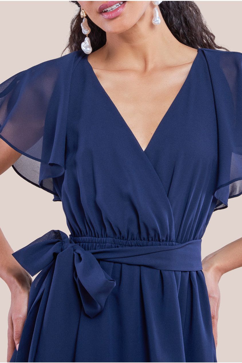 Sustainable Flutter Sleeve Chiffon Wrap Midi Dress - Navy DR2555BBS