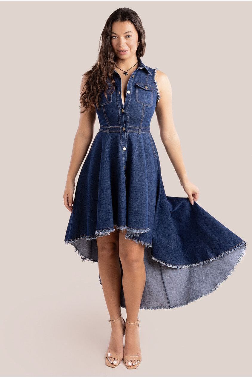 Denim Sleeveless High And Low Midaxi Dress - Navy Denim | Goddiva Denim Sleeveless High And Low Midaxi Dress - Navy Denim | Goddiva