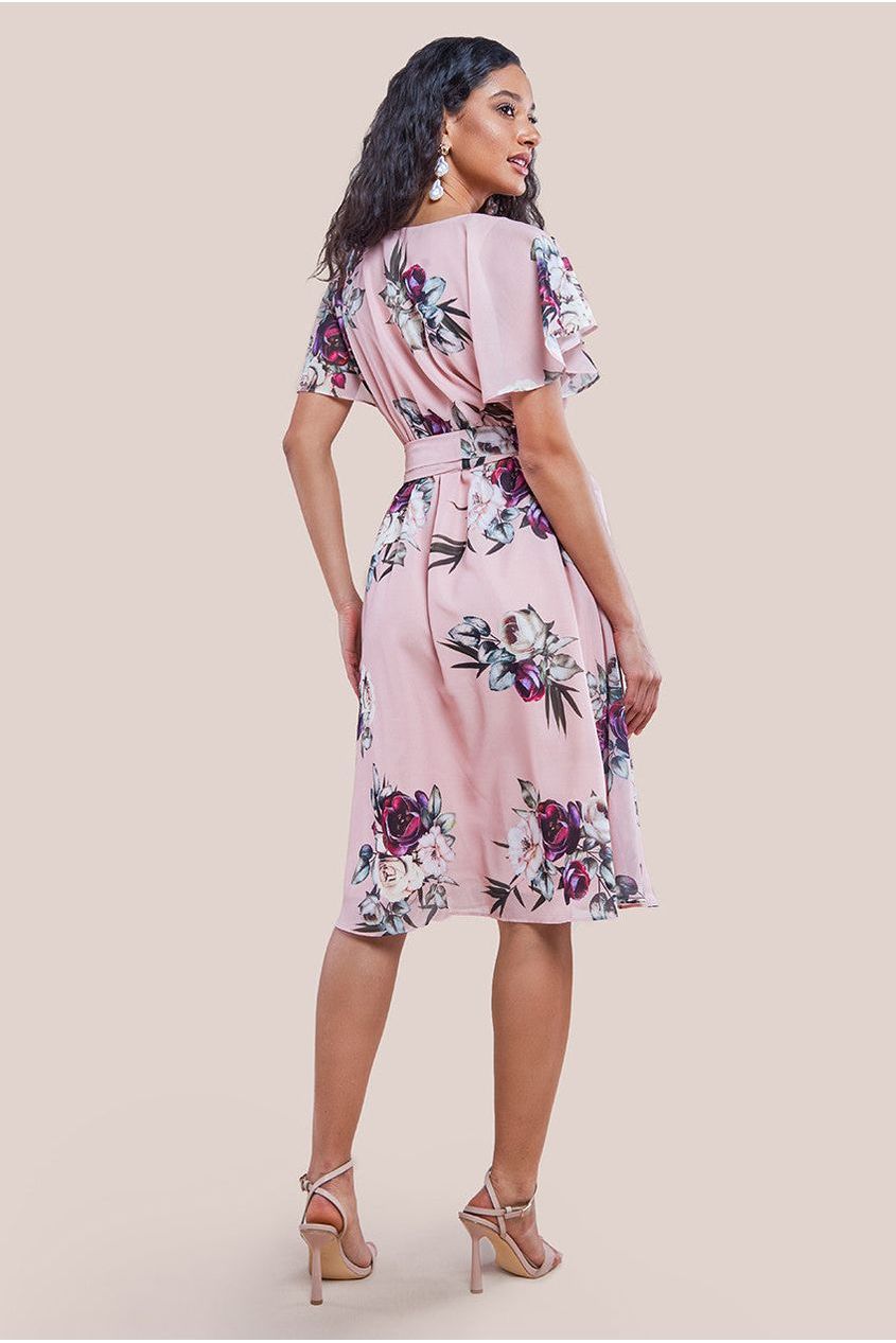 Sustainable Floral Print Midi Wrap Dress With Butterfly Sleeves - Peach DR1641BBS