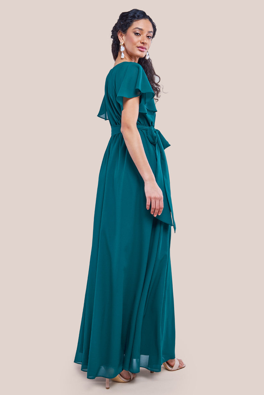 Sustainable Chiffon Flutter Sleeve Wrap Maxi Dress - Green DR2486BBS