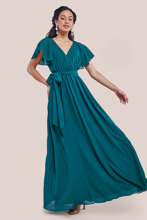 Sustainable Chiffon Flutter Sleeve Wrap Maxi Dress - Green by Goddiva