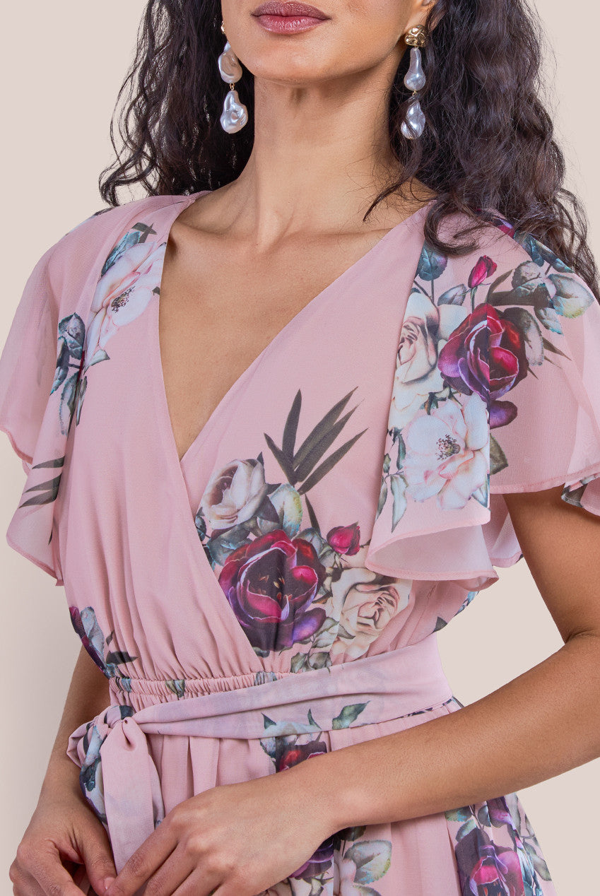 Sustainable Floral Print Midi Wrap Dress With Butterfly Sleeves - Peach DR1582BBS