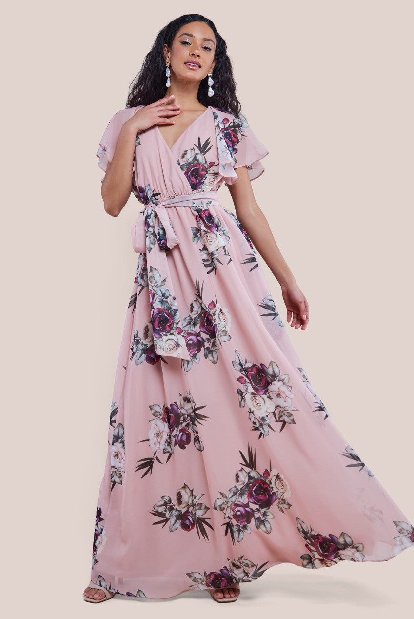 Sustainable Floral Print Midi Wrap Dress With Butterfly Sleeves - Peach DR1582BBS