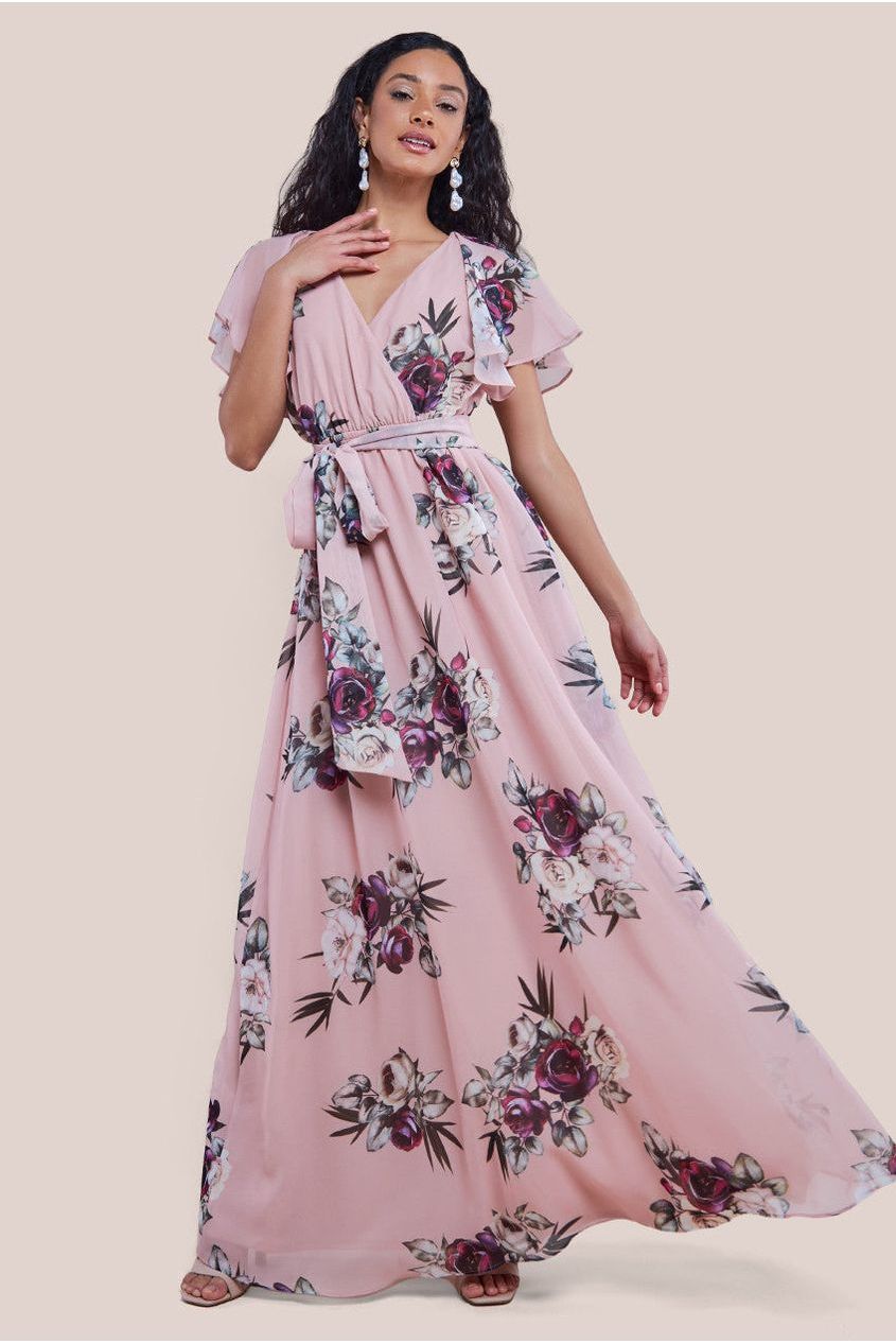 Sustainable Printed Flutter Sleeve Maxi Dress - Peach DR1582BBS