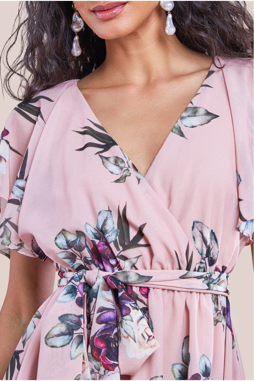 Sustainable Floral Print Midi Wrap Dress With Butterfly Sleeves - Peach DR1641BBS