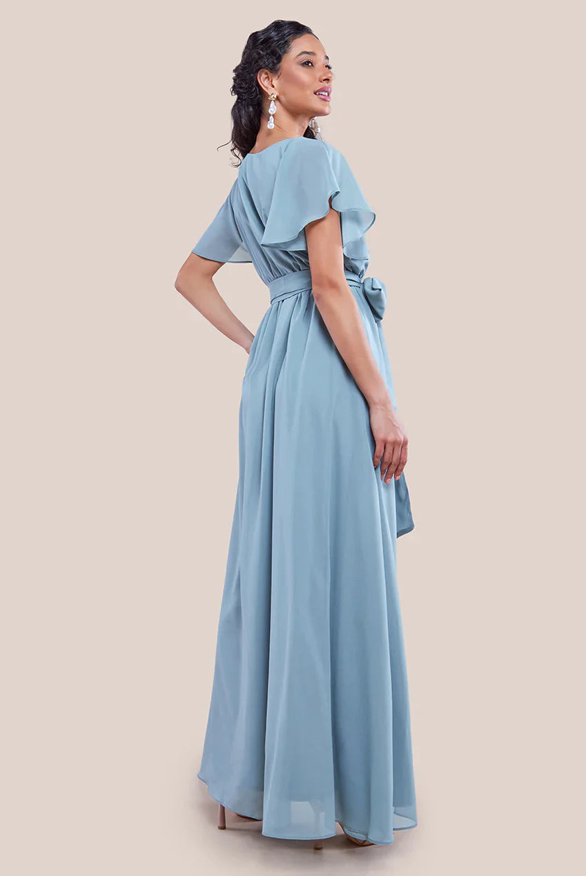 Sustainable Chiffon Flutter Sleeve Wrap Maxi Dress - Sagegreen DR2486BBS