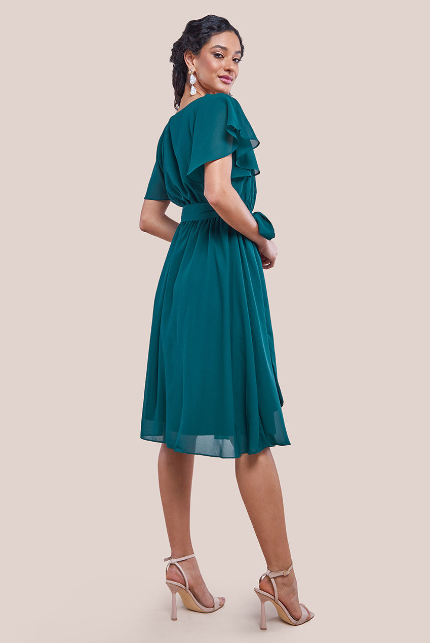 Sustainable Flutter Sleeve Chiffon Wrap Midi Dress Green