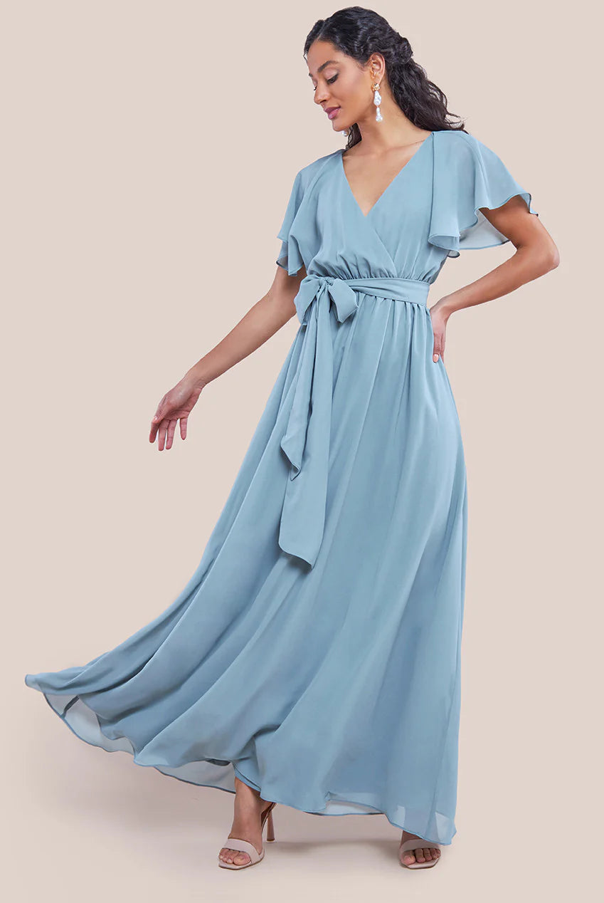 Sustainable Chiffon Flutter Sleeve Wrap Maxi Dress - Sagegreen DR2486BBS