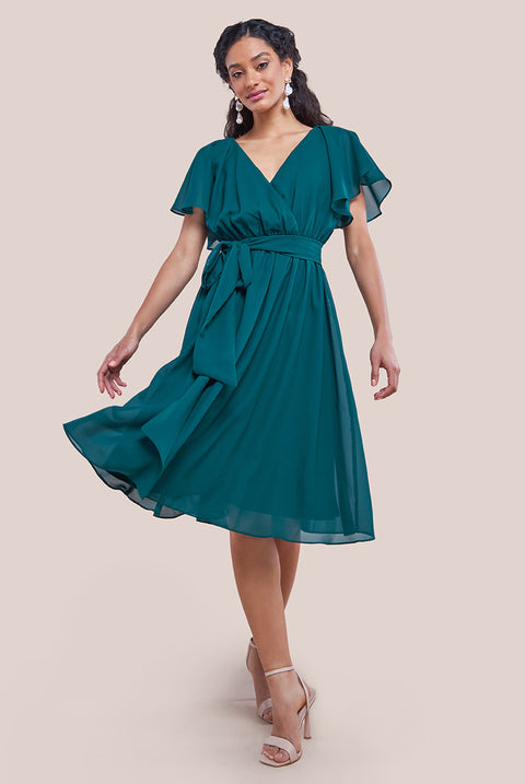 Sustainable Flutter Sleeve Chiffon Wrap Midi Dress - Green DR2555BBS