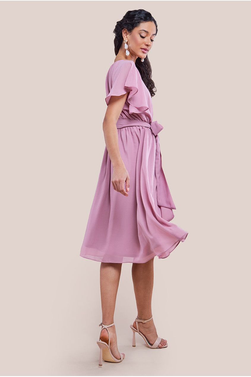 Sustainable Flutter Sleeve Chiffon Wrap Midi Dress - Lavender DR2555BBS