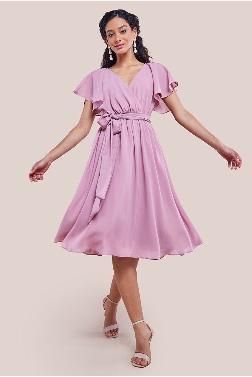 Sustainable Flutter Sleeve Chiffon Wrap Midi Dress - Lavender DR2555BBS