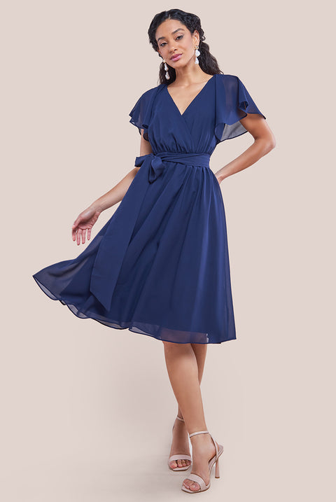 Sustainable Flutter Sleeve Chiffon Wrap Midi Dress - Navy DR2555BBS