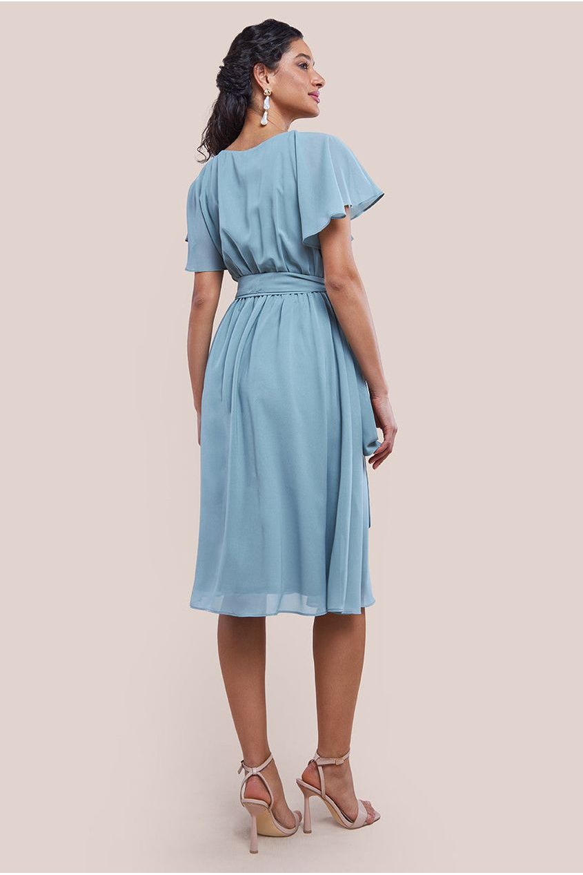 Sustainable Flutter Sleeve Chiffon Wrap Midi Dress - Sage Green DR2555BBS