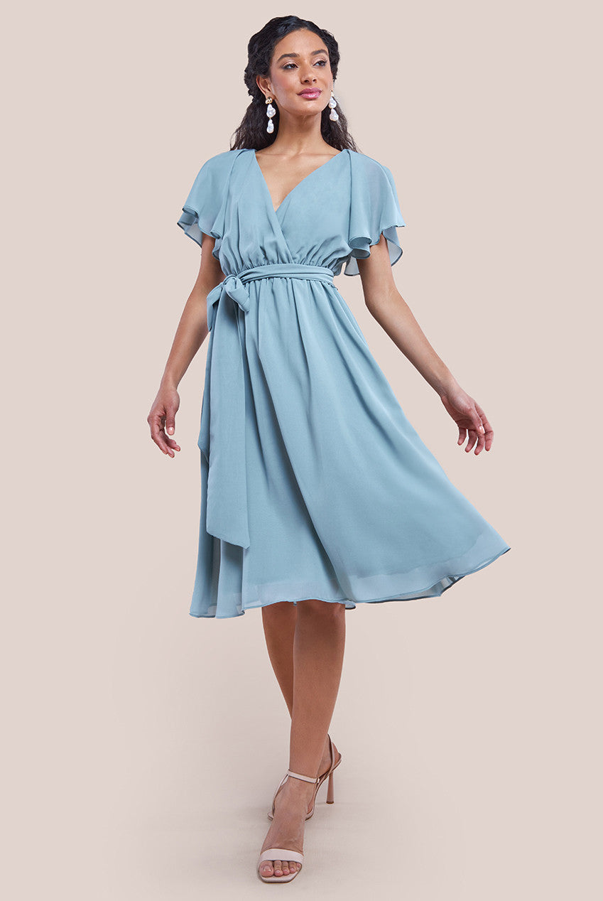 Sustainable Flutter Sleeve Chiffon Wrap Midi Dress - Sage Green DR2555BBS