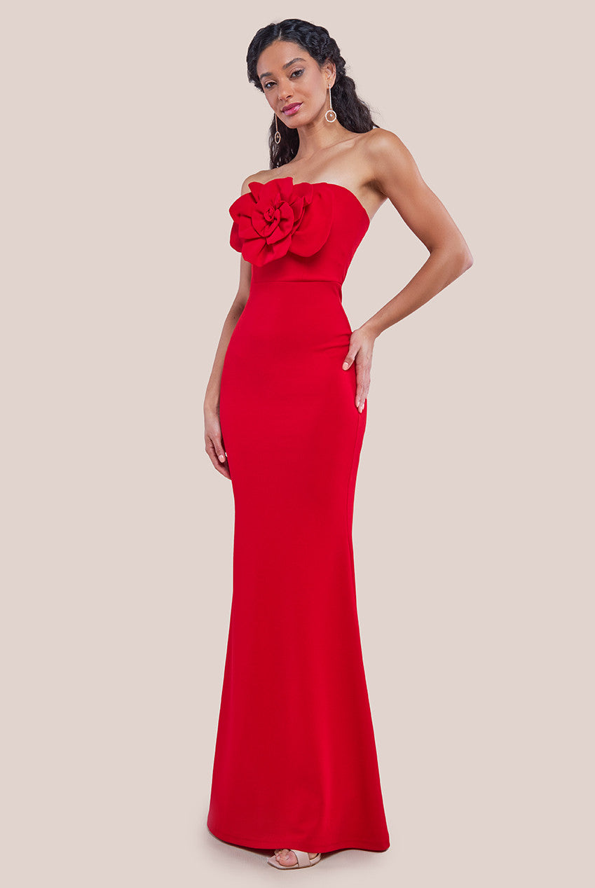 Scuba Crepe Bandeau Rose Maxi Dress - Red DR4243